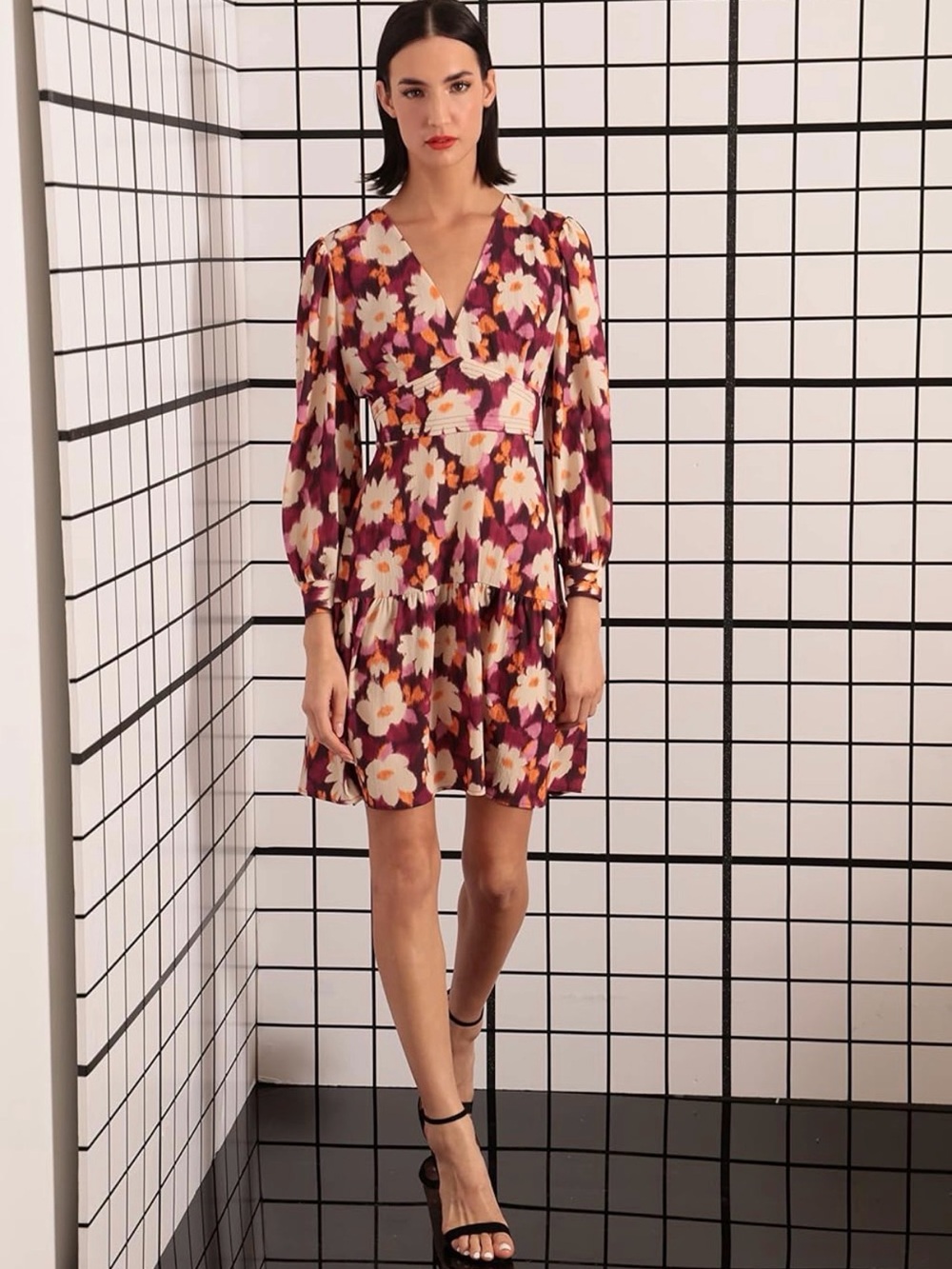 Donna Morgan Plum, White & Mustard Floral Empire Waisted Dress with Tiered Skirt